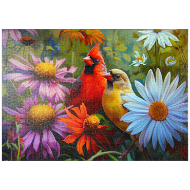 Darstellung des Puzzle Motivs puzzleplate Northern Cardinal Pair Among Wildflowers 1000 Puzzle