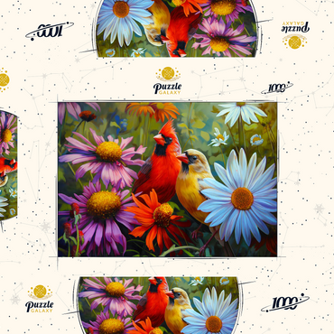 Darstellung des Puzzle Motivs Northern Cardinal Pair Among Wildflowers 1000 Puzzle Schachtel 3D Modell