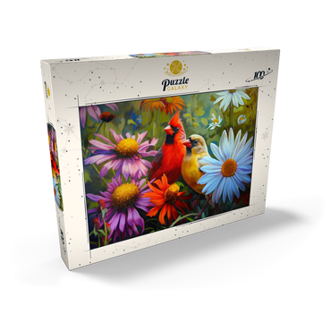 Darstellung des Puzzle Motivs Northern Cardinal Pair Among Wildflowers 100 Puzzle Schachtel Ansicht2