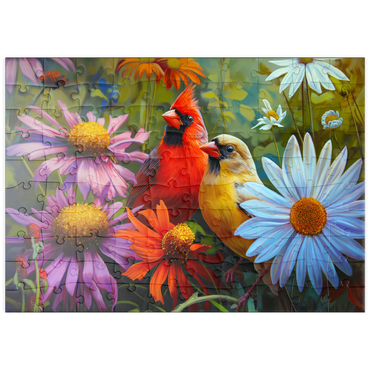 Darstellung des Puzzle Motivs puzzleplate Northern Cardinal Pair Among Wildflowers 100 Puzzle