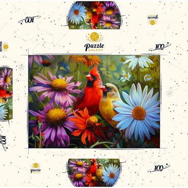 Darstellung des Puzzle Motivs Northern Cardinal Pair Among Wildflowers 100 Puzzle Schachtel 3D Modell