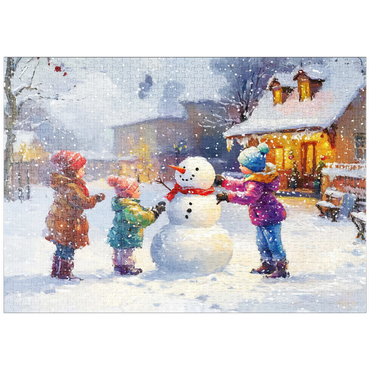 Darstellung des Puzzle Motivs puzzleplate Children Building Snowman in Winter Village 1000 Puzzle
