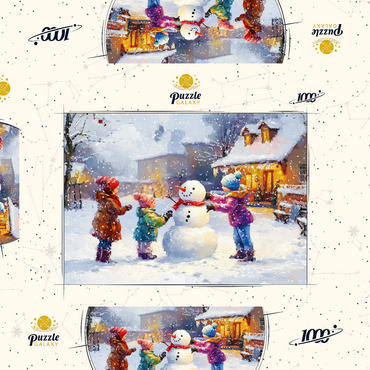 Darstellung des Puzzle Motivs Children Building Snowman in Winter Village 1000 Puzzle Schachtel 3D Modell
