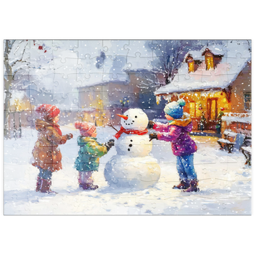Darstellung des Puzzle Motivs puzzleplate Children Building Snowman in Winter Village 100 Puzzle