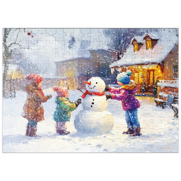 Darstellung des Puzzle Motivs puzzleplate Children Building Snowman in Winter Village 200 Puzzle