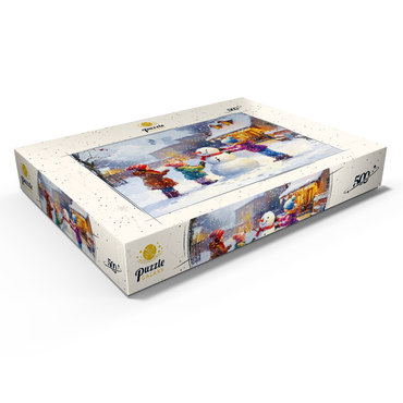 Darstellung des Puzzle Motivs Children Building Snowman in Winter Village 500 Puzzle Schachtel Ansicht1