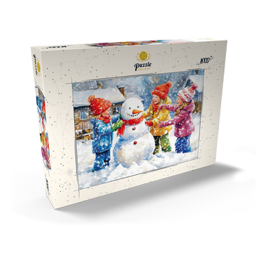 Darstellung des Puzzle Motivs Kids Decorating Snowman in Snowy Backyard 1000 Puzzle Schachtel Ansicht2