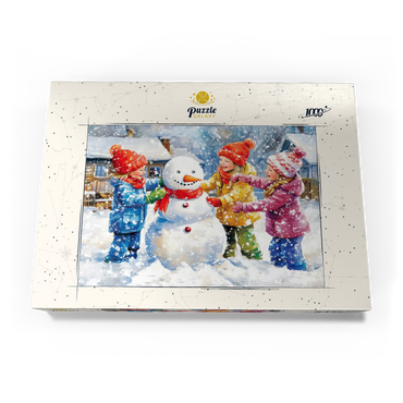 Darstellung des Puzzle Motivs Kids Decorating Snowman in Snowy Backyard 1000 Puzzle Schachtel Ansicht3