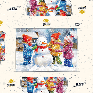 Darstellung des Puzzle Motivs Kids Decorating Snowman in Snowy Backyard 1000 Puzzle Schachtel 3D Modell