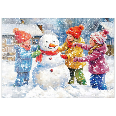 Darstellung des Puzzle Motivs puzzleplate Kids Decorating Snowman in Snowy Backyard 200 Puzzle
