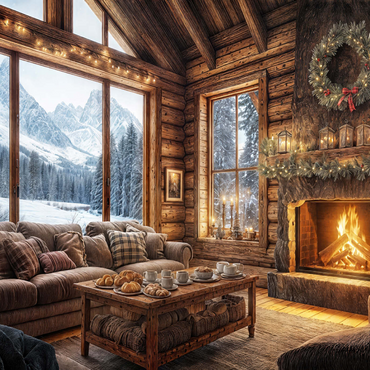 Darstellung des Puzzle Motivs Cozy Log Cabin with Mountain View 1000 Puzzle 3D Modell