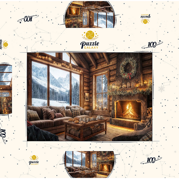 Darstellung des Puzzle Motivs Cozy Log Cabin with Mountain View 100 Puzzle Schachtel 3D Modell