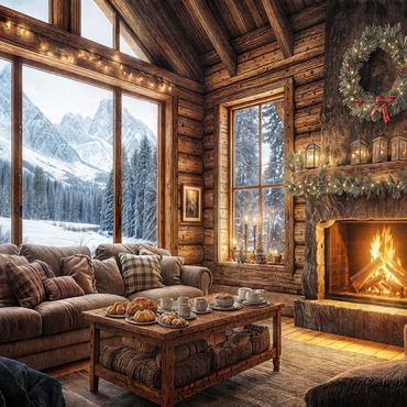 Darstellung des Puzzle Motivs Cozy Log Cabin with Mountain View 200 Puzzle 3D Modell