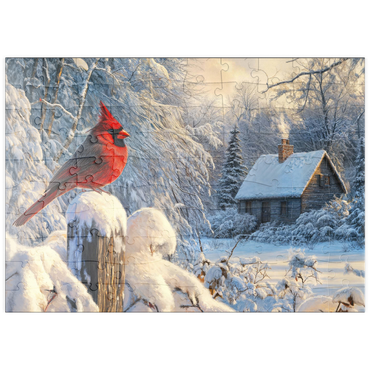 Darstellung des Puzzle Motivs puzzleplate Northern Cardinal in Snowy Winter Landscape 100 Puzzle