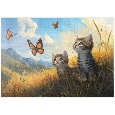 Darstellung des Puzzle Motivs puzzleplate Kittens Watching Butterflies in Sunny Meadow 1000 Puzzle
