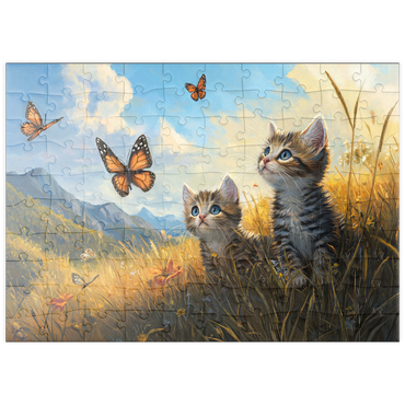 Darstellung des Puzzle Motivs puzzleplate Kittens Watching Butterflies in Sunny Meadow 100 Puzzle