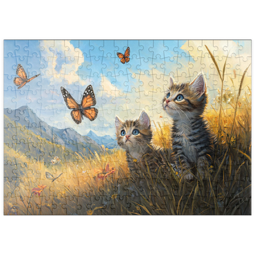 Darstellung des Puzzle Motivs puzzleplate Kittens Watching Butterflies in Sunny Meadow 200 Puzzle