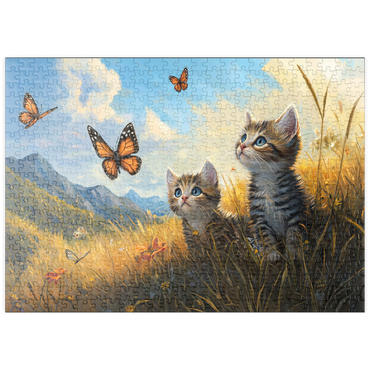 Darstellung des Puzzle Motivs puzzleplate Kittens Watching Butterflies in Sunny Meadow 500 Puzzle