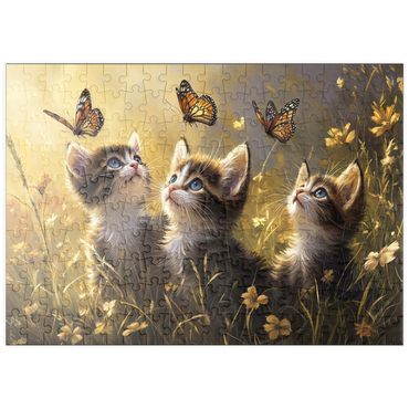 Darstellung des Puzzle Motivs puzzleplate Three Kittens Watching Monarch Butterflies 200 Puzzle