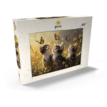 Darstellung des Puzzle Motivs Three Kittens Watching Monarch Butterflies 500 Puzzle Schachtel Ansicht2