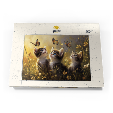 Darstellung des Puzzle Motivs Three Kittens Watching Monarch Butterflies 500 Puzzle Schachtel Ansicht3