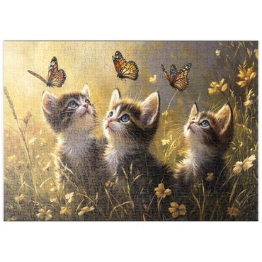 Darstellung des Puzzle Motivs puzzleplate Three Kittens Watching Monarch Butterflies 500 Puzzle