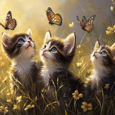 Darstellung des Puzzle Motivs Three Kittens Watching Monarch Butterflies 500 Puzzle 3D Modell