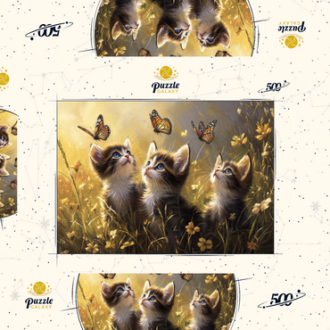 Darstellung des Puzzle Motivs Three Kittens Watching Monarch Butterflies 500 Puzzle Schachtel 3D Modell