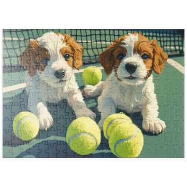 Darstellung des Puzzle Motivs puzzleplate Cute Puppies with Tennis Balls on Court 200 Puzzle