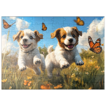 Darstellung des Puzzle Motivs puzzleplate Joyful Puppies Running Through Meadow 100 Puzzle