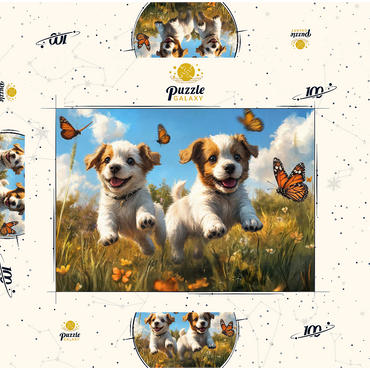 Darstellung des Puzzle Motivs Joyful Puppies Running Through Meadow 100 Puzzle Schachtel 3D Modell