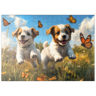 Darstellung des Puzzle Motivs puzzleplate Joyful Puppies Running Through Meadow 200 Puzzle