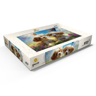 Darstellung des Puzzle Motivs Cute Puppies in Flower Meadow with Butterflies 1000 Puzzle Schachtel Ansicht1