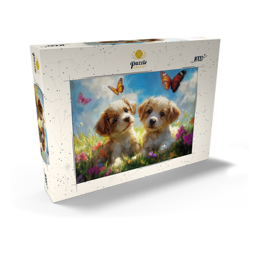 Darstellung des Puzzle Motivs Cute Puppies in Flower Meadow with Butterflies 1000 Puzzle Schachtel Ansicht2