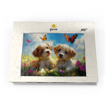 Darstellung des Puzzle Motivs Cute Puppies in Flower Meadow with Butterflies 1000 Puzzle Schachtel Ansicht3