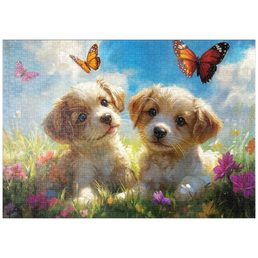 Darstellung des Puzzle Motivs puzzleplate Cute Puppies in Flower Meadow with Butterflies 1000 Puzzle