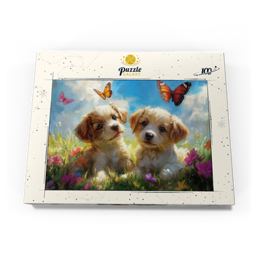Darstellung des Puzzle Motivs Cute Puppies in Flower Meadow with Butterflies 100 Puzzle Schachtel Ansicht3