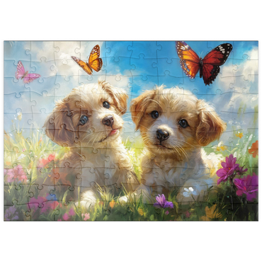 Darstellung des Puzzle Motivs puzzleplate Cute Puppies in Flower Meadow with Butterflies 100 Puzzle