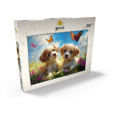 Darstellung des Puzzle Motivs Cute Puppies in Flower Meadow with Butterflies 200 Puzzle Schachtel Ansicht2