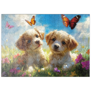 Darstellung des Puzzle Motivs puzzleplate Cute Puppies in Flower Meadow with Butterflies 200 Puzzle