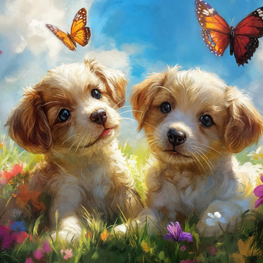 Darstellung des Puzzle Motivs Cute Puppies in Flower Meadow with Butterflies 200 Puzzle 3D Modell
