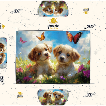Darstellung des Puzzle Motivs Cute Puppies in Flower Meadow with Butterflies 200 Puzzle Schachtel 3D Modell