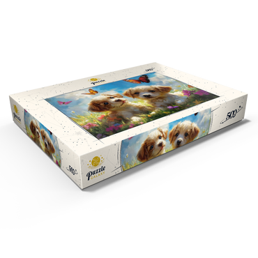 Darstellung des Puzzle Motivs Cute Puppies in Flower Meadow with Butterflies 500 Puzzle Schachtel Ansicht1