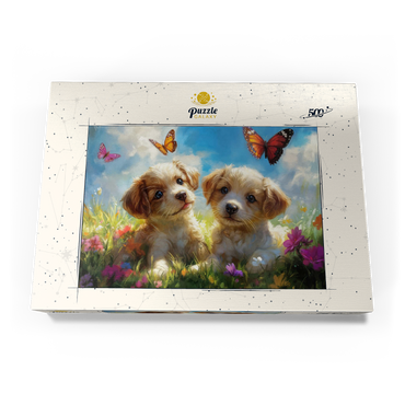 Darstellung des Puzzle Motivs Cute Puppies in Flower Meadow with Butterflies 500 Puzzle Schachtel Ansicht3