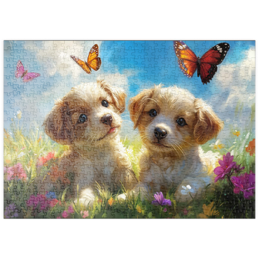 Darstellung des Puzzle Motivs puzzleplate Cute Puppies in Flower Meadow with Butterflies 500 Puzzle