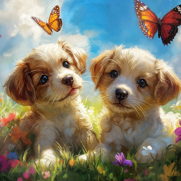 Darstellung des Puzzle Motivs Cute Puppies in Flower Meadow with Butterflies 500 Puzzle 3D Modell