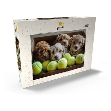 Darstellung des Puzzle Motivs Adorable Puppies in Box with Tennis Balls 1000 Puzzle Schachtel Ansicht2