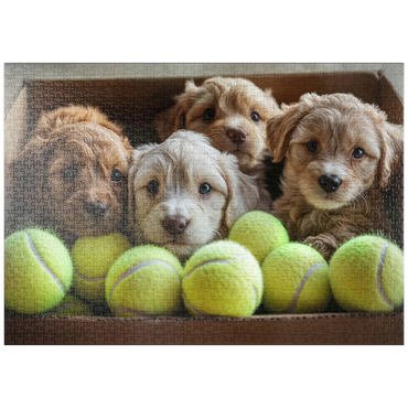 Darstellung des Puzzle Motivs puzzleplate Adorable Puppies in Box with Tennis Balls 1000 Puzzle