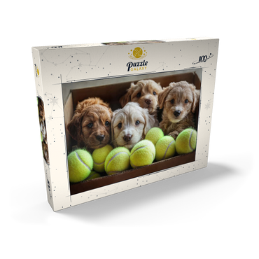 Darstellung des Puzzle Motivs Adorable Puppies in Box with Tennis Balls 100 Puzzle Schachtel Ansicht2