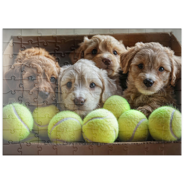 Darstellung des Puzzle Motivs puzzleplate Adorable Puppies in Box with Tennis Balls 100 Puzzle